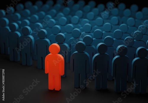 A single distinct figure stands separated from a large uniform cluster of similar shapes, emphasizing loneliness and social exclusion ,outsider ,nonconformity ,cluster