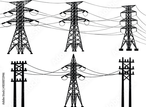 Multiple electricity pylons and power lines against a white background energy transmission tower