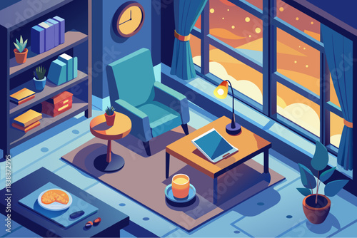 Isometric cozy reading room with large windows, armchair, bookshelves, coffee table and sunset view