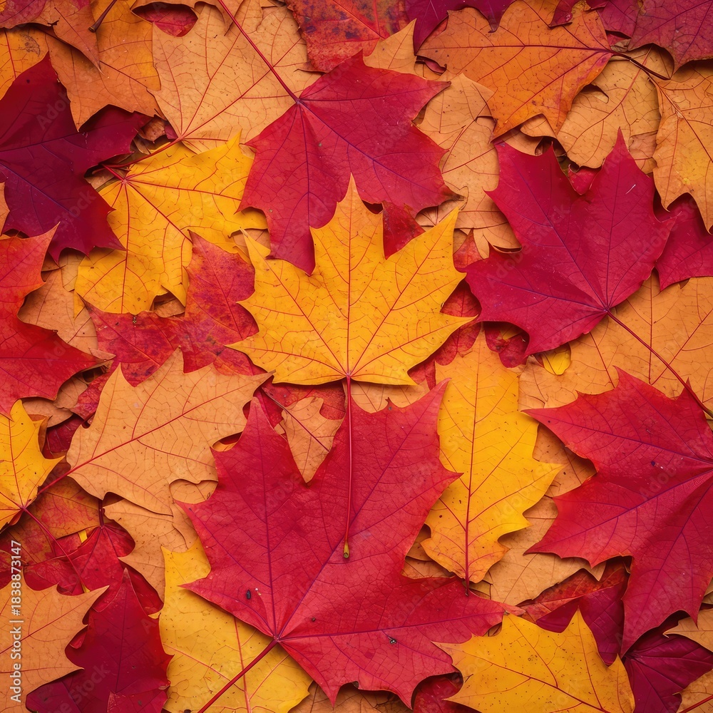 Fototapeta premium A vibrant collection of maple and oak leaves covering the forest floor, displaying brilliant autumn colors of red, orange, and gold ,scenic ,fall ,pattern