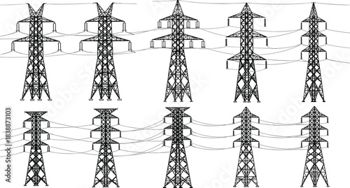 Multiple High Voltage Electricity Transmission Towers with Wires power pylon
