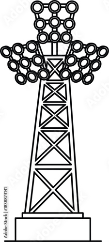 Outline illustration of a stadium floodlight tower with multiple lights sports lighting