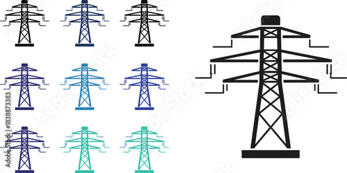 Power Transmission Tower Icons in Various Colors and Sizes Keywords: power line tower, electricity pylon, transmission tower