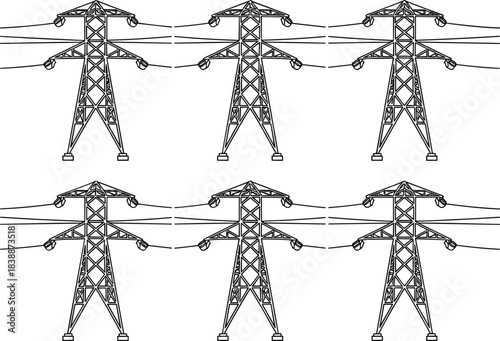 Repeating Pattern of Black and White Electricity Pylons and Wires power line transmission tower