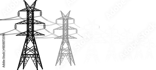 Row of Electrical Transmission Towers Fading into White Background electricity power
