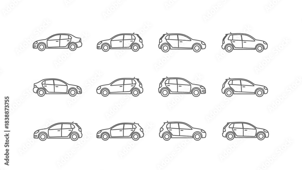 Fototapeta premium A collection of twelve car icons shown in side profile, featuring various models like sedans and hatchbacks in a simple outline style.
