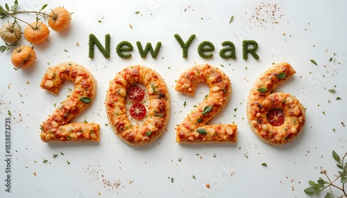 Classic New Year 2026 Italian Pizza on White. new years pizza 2026