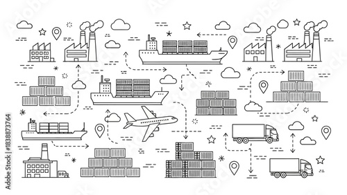 A line art illustration depicting the global logistics network, including ships, planes, trucks, and factories.