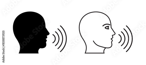 Speak symbol, voice icon linear and solid, human head with sound wave communication – vector editable design