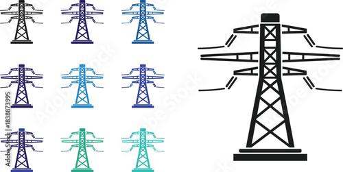 Set of power transmission towers in black and various shades of blue and green power tower electricity pylon