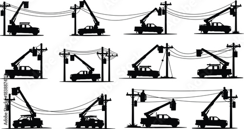 Silhouette collection of utility trucks with cherry pickers on telephone poles bucket truck power lines