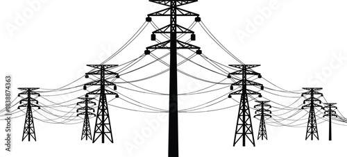 Silhouette of High Voltage Electricity Transmission Towers and Wires power pylon