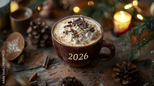 Festive coffee with whipped cream in a holiday setting with christmas decor