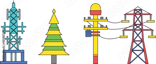 Stylized icons of a communication tower, Christmas tree, utility pole, and power pylon cell tower antenna