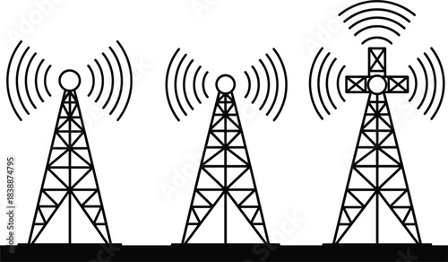 Three outline illustrations of communication towers emitting radio waves on a white background radio tower