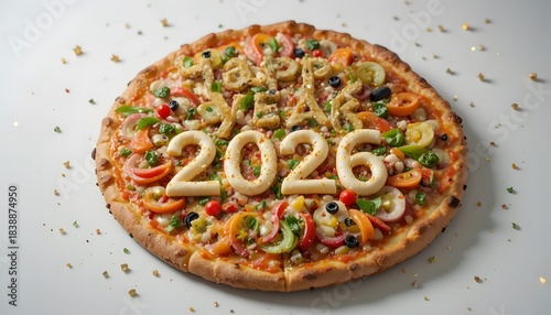 New Year 2026 Celebration Pizza on White Background. new years pizza 2026