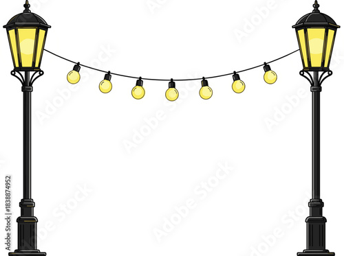 Two Ornate Street Lamps Connected by a String of Light Bulbs lamp post lighting