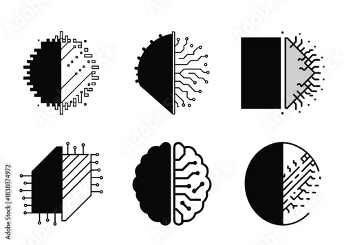 Black and white representations of Artificial Intelligence and Digital Technology icons