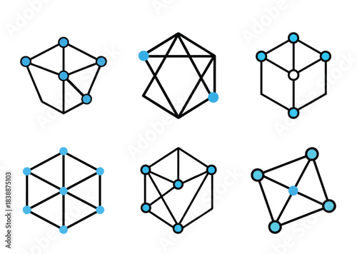 Collection of abstract network diagrams and geometric graph illustrations, with blue nodes