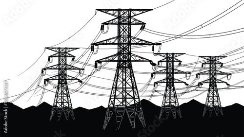 Silhouette of multiple high-voltage electricity pylons against a white background power line transmission tower