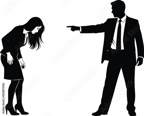 Black Silhouette Vector Illustration of a Businessman Pointing Aggressively at a Submissive Woman, Symbolizing Workplace Conflict, Discrimination, and 