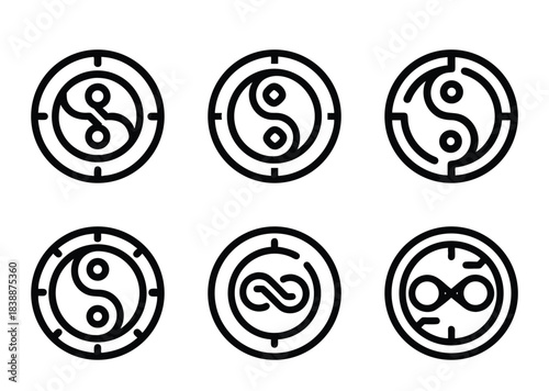 Collection of six variations of Yin Yang and Infinity symbols in circles