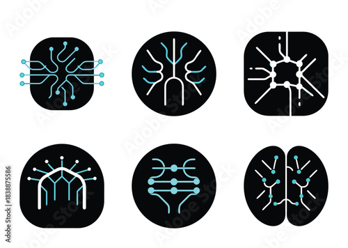 Set of six stylized icons representing interconnected neural networks and artificial intelligence