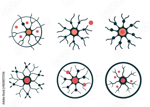 Six stylised biological cells, potentially neurons or viruses, with circular elements and extensions