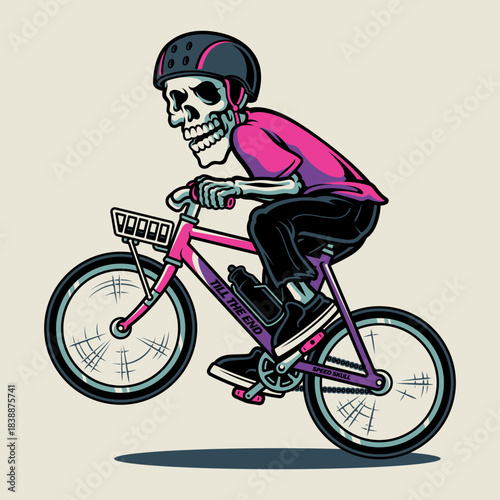 Vector illustration of a skeleton cyclist in a sporty cartoon style. Ideal for cycling apparel, extreme sports graphics, and streetwear merchandise.