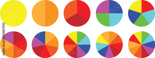 Pie chart color icons. Segment slice sign. Circle section graph. 1,2,3,4,5,6,7,8,9,10, segment infographic. Pie chart set. Wheel round diagram part symbol. Three phase, six circular cycle