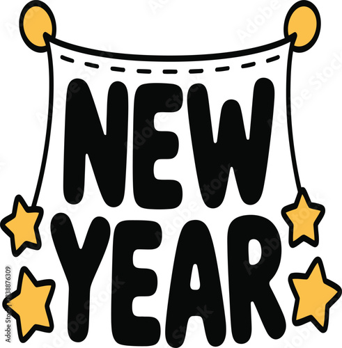 Cute New Year Text Banner  Stars Festive Cartoon Holiday Typography