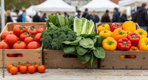 Abundant fresh produce in rustic wooden crates at a lively farmers market showcasing healthy ingredients and seasonal bounty.