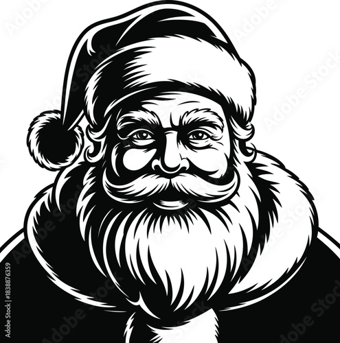 Vintage Santa Claus Portrait  Black & White Classic Christmas Illustration