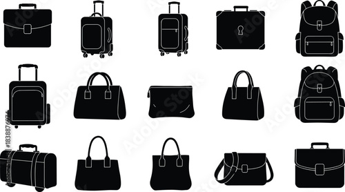 Collection Of Black Silhouettes Of Various Luggage And Bags On A White Background suitcase backpack