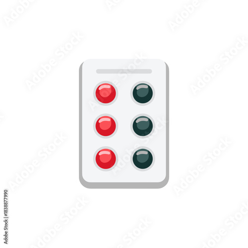 Colorful medicine blister pack with red and green pills in clean flat vector style isolated on white background for healthcare pharmacy and treatment concepts