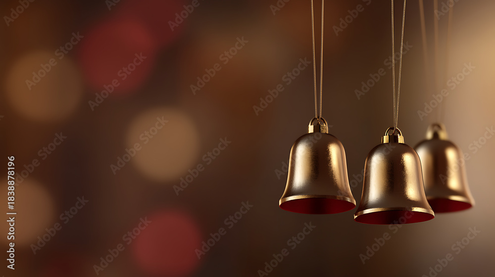 Obraz premium Golden bells suspended against a bokeh background exude a sense of holiday anticipation. Festive elegance is captured through a timeless symbol of celebration.