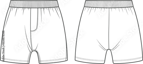 Fashion flat sketch of front and back view of men's boxer shorts technical drawing garment