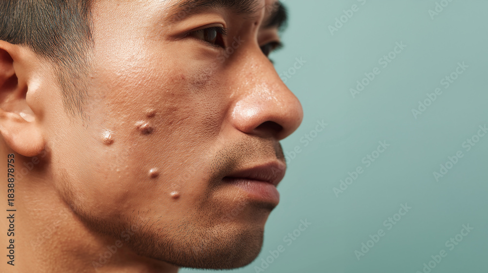 Fototapeta premium Close-up of man's face with severe acne and skin texture issues against blue background