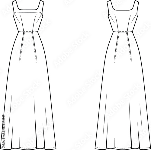 Front and back flat sketch of a white sleeveless maxi dress on white background Keywords: dress, maxi dress, apparel, clothing