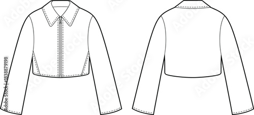 Front and back view of a black cropped jacket with zipper and stitching details black jacket fashion