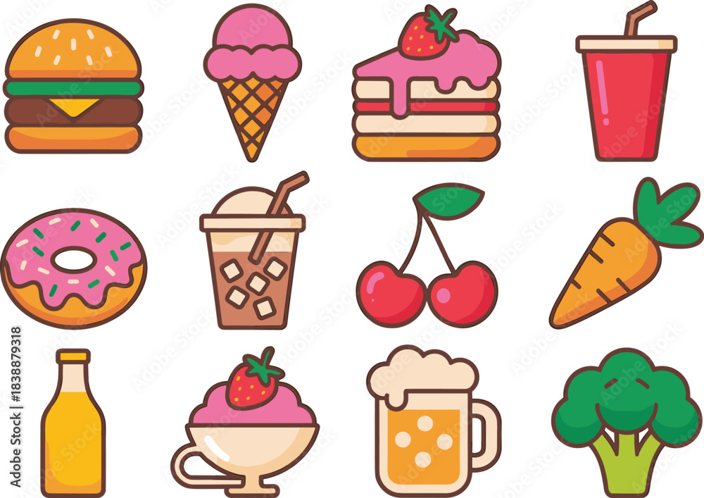 Fototapeta premium Set of twelve cute cartoon food icons including burger, ice cream, cake, drinks, donut, cherries, carrot, yogurt, beer and broccoli