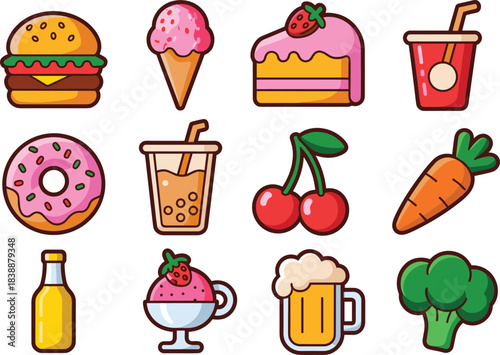 Set of twelve cute cartoon food icons including burger, ice cream, cake, drinks, donut, cherries, carrot, yogurt, beer and broccoli