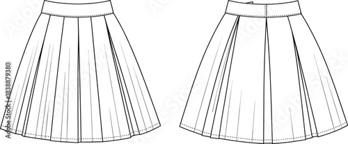 Front and Back View of a Pleated Skirt Fashion Design Sketch Keywords: skirt, pleated, fashion, design, sketch, technical