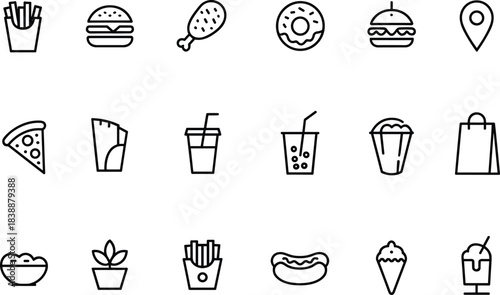 Set of twenty food outline icons including burgers, pizza, donuts, ice cream, drinks, fries, tacos and snacks in simple vector style