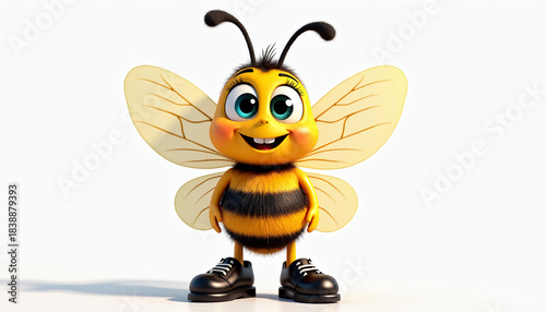 Cute Cartoon Bee Character in 8K with Bright Colors and Transparent Wings