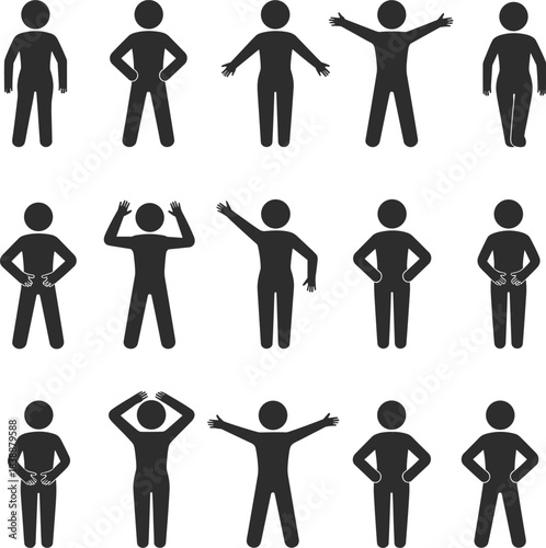 Collection of 15 Silhouette Human Figures in Various Poses Keywords: silhouette, human, figure, person, man, woman, standing
