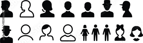 Collection of diverse human profile icons in silhouette and outline styles Keywords: people, human, profile, silhouette, outline