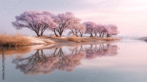 Delicate cherry blossom trees stand in full bloom next to a calm river, their vibrant flowers reflecting beautifully in the still water during a tranquil dawn