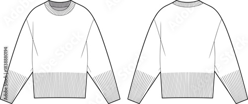 Front and back view of a white long sleeve knitted sweater with ribbed cuffs and hem jumper knitwear