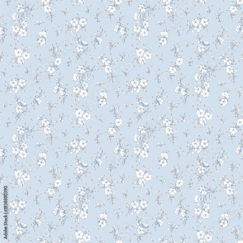Flower pattern, floral seamless pattern, cottagecore ditsy tile print, sakura flower on blue background. Small white flower blossom, blue tone style design for fashion, texture, fabric, wallpaper